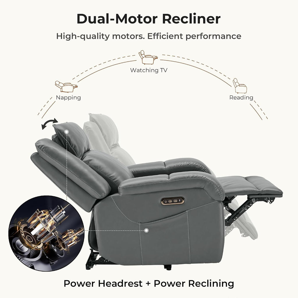 Pet Friendly Leather Power Recliner Chair, Zero Wall Hugger RV Recliners with Power Headrest, Charging Ports, Side