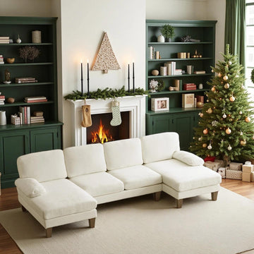 110" Sectional Couches, U Shaped Couch with Double Chaise, 4-Seat Sofa Set with Chenille Fabric Furniture, Beige