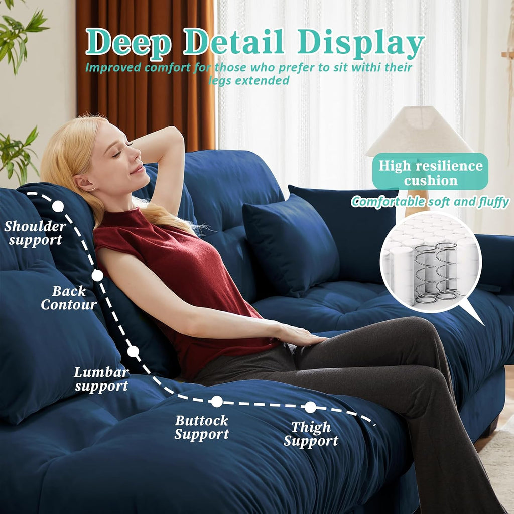 Sectional Couches , L Shaped Sofa Couch with Velvet Fabric, 4 Seat Modern Sofa with Ottoman, Removable Pillows , Blue