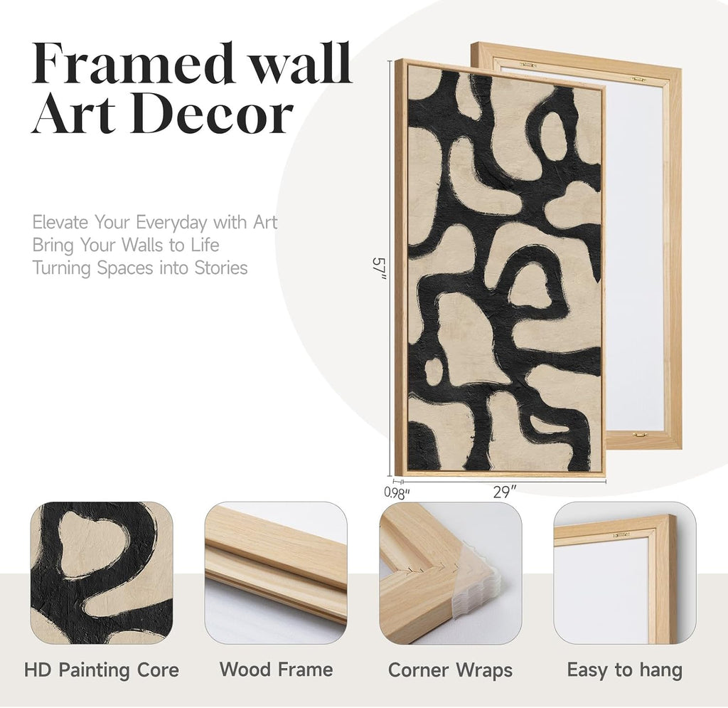 Framed Neutral Horizontal Abstract Wall Art, Extra Large Black and Beige Modern Painting Print, Mid Century Canvas