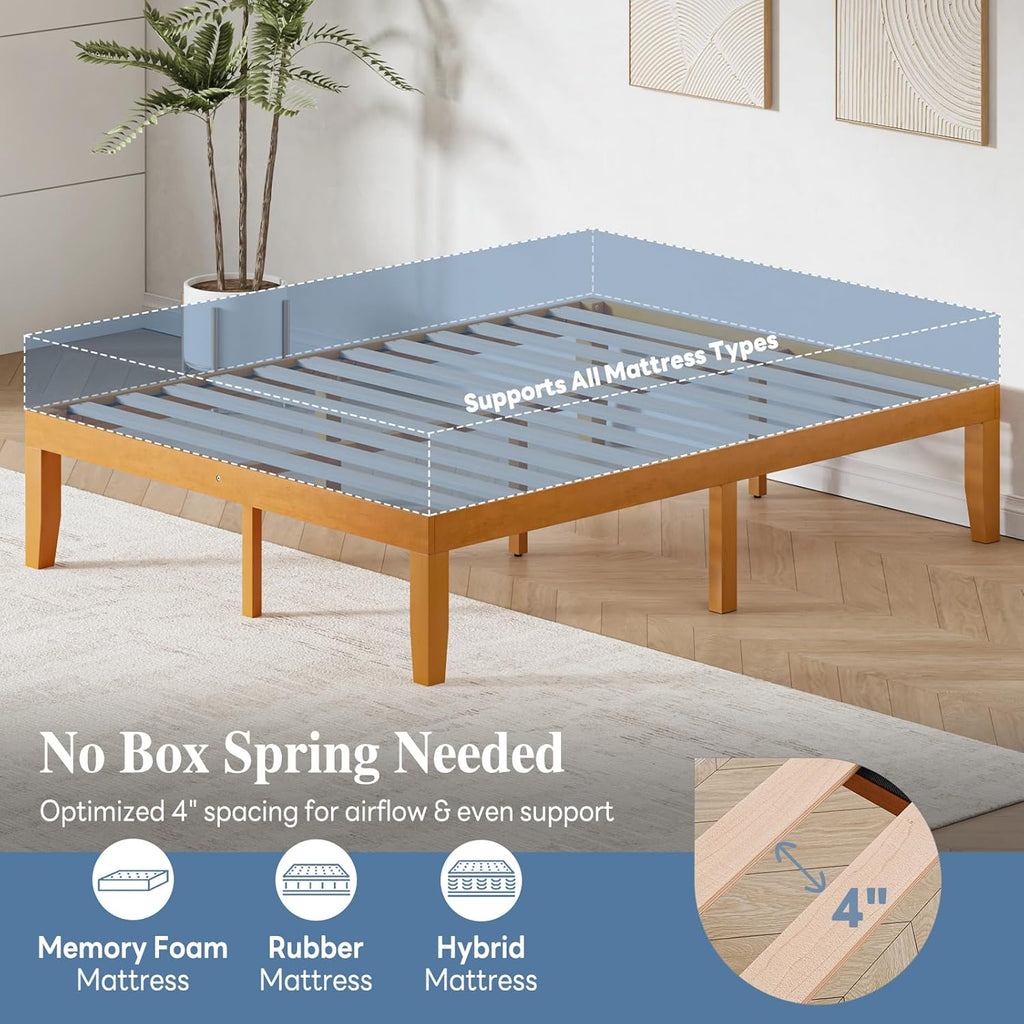 Queen Solid Bed Frame Wood 16 Inches, Sturdy Platform Bed with Heavy Duty Wooden Slat Support, No Box Spring Needed