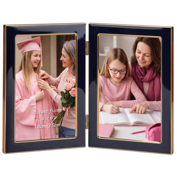 4x6 Enamel Double Picture Frame with Tempered Glass Display 4 by 6 Photo, Metal Hinged Folding Frame for Tabletop or