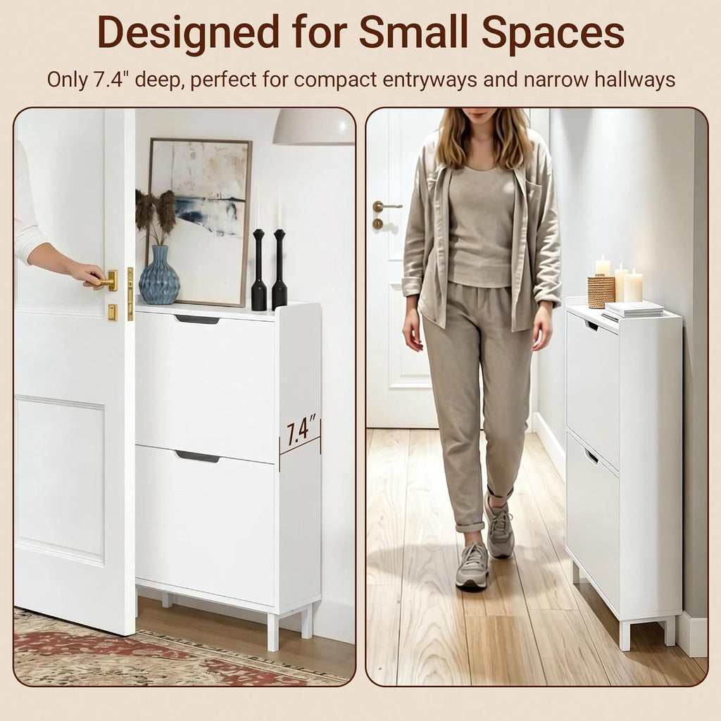 Slim Shoe Cabinet Entryway, Hidden Shoe Storage with Two Flip Drawers to Save Space, Freestanding Shoe Rack for Front