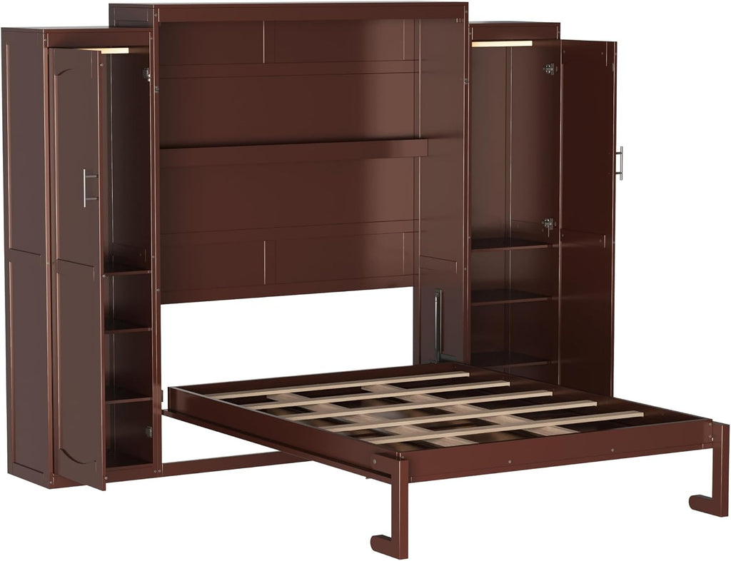Full Murphy Bed Wall Cabinet with 2 Wardrobe & Storage Shelf, Wood Foldable Platform Bed Frame for Guest Room