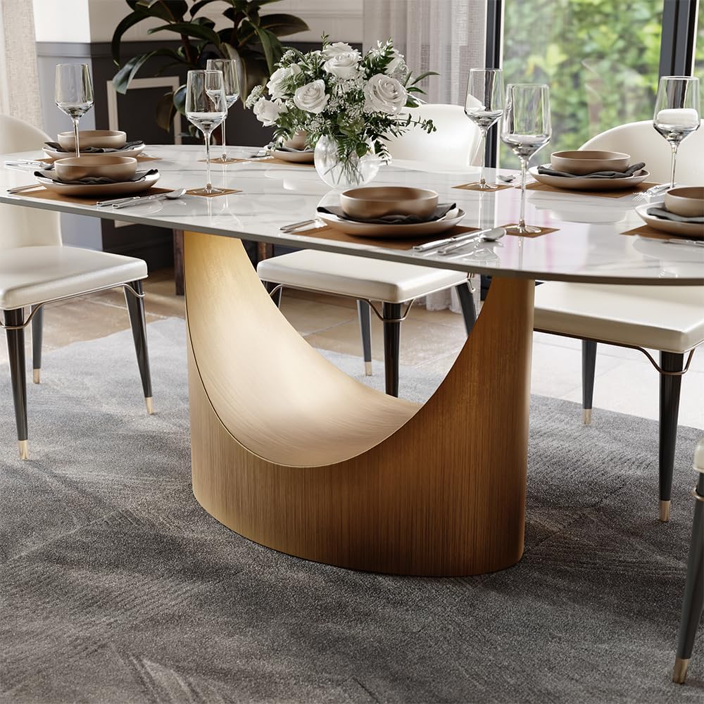 Modern Dining Table,71" Oval Sintered Stone Table with Bronze Carbon Steel Base for Dining Room,Kitchen,Home