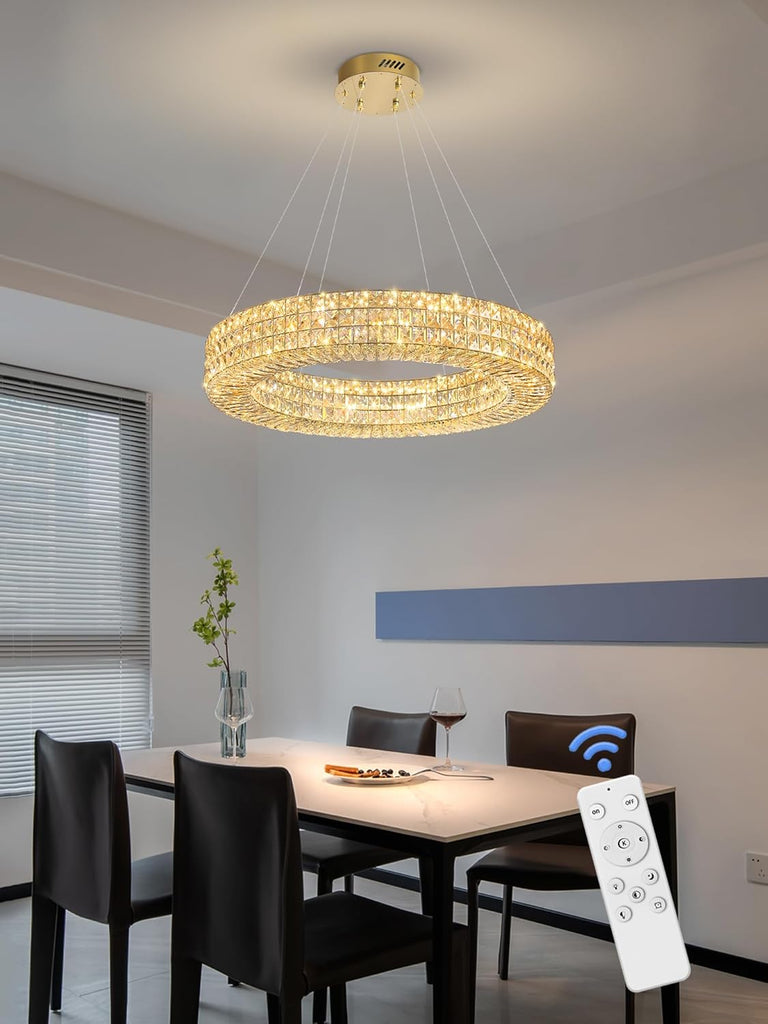 Dia 24" Modern Crystal Chandelier Gold Ring Chandelier Adjustable Height Luxury Crystal Pendant Ceiling Light Fixture for Dining Living Room Bedroom A122-B0CJ5566GX