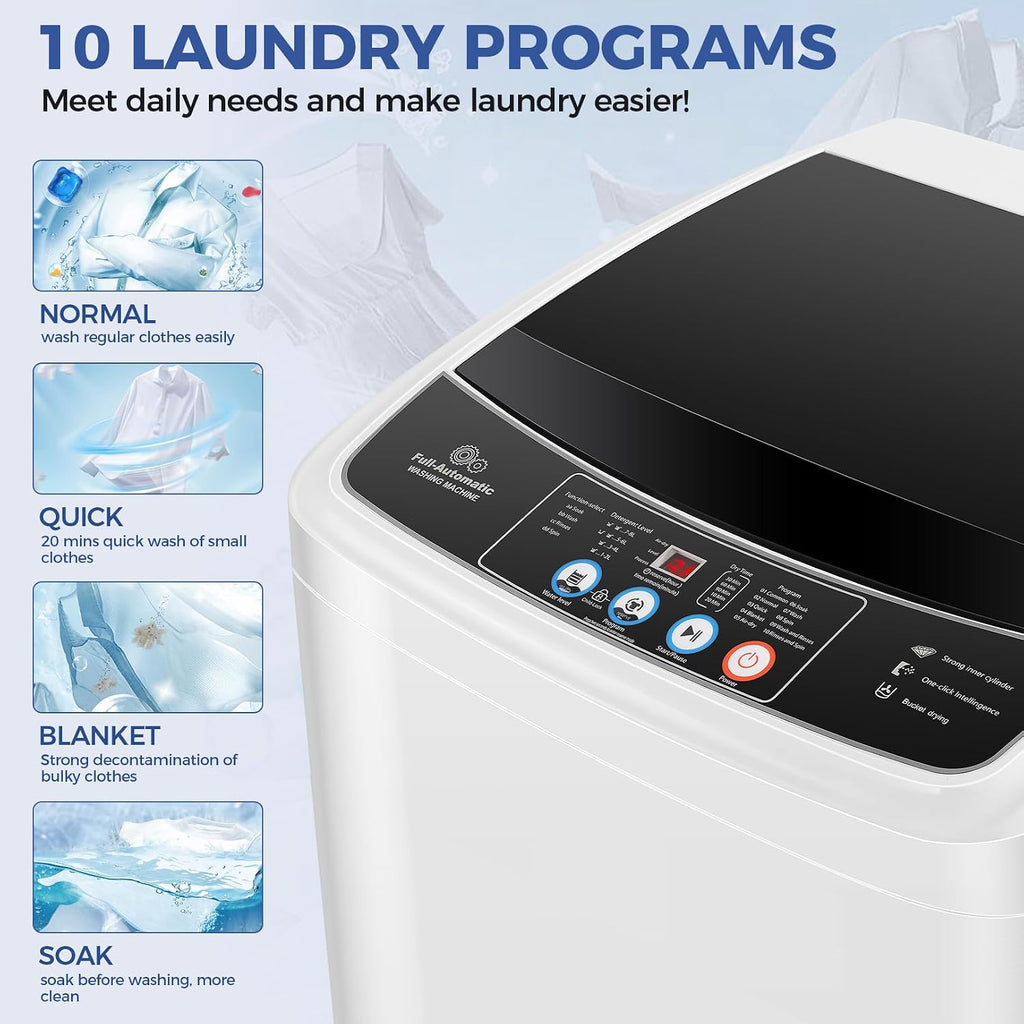 Portable Washing Machine 17.8Lbs Capacity Portable Washer with Drain Pump 2.4Cu.ft Full-Automatic Compact Washer with 10 Programs 8 Water Level for Home, Apartment, RV, Dorms