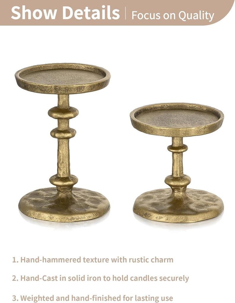 Gold Candle Holders for Pillar: Antique Brass Cast Iron Candle Stand | Handcrafted Hammered Decor for 3 Inch Pillars