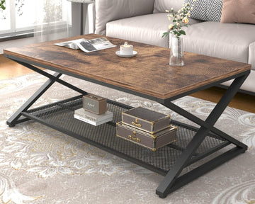Rustic Coffee Table with Storage, Industrial Wood Metal 2 Tier Center Living Room Table with Mesh Shelf
