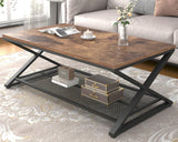 Rustic Coffee Table with Storage, Industrial Wood Metal 2 Tier Center Living Room Table with Mesh Shelf