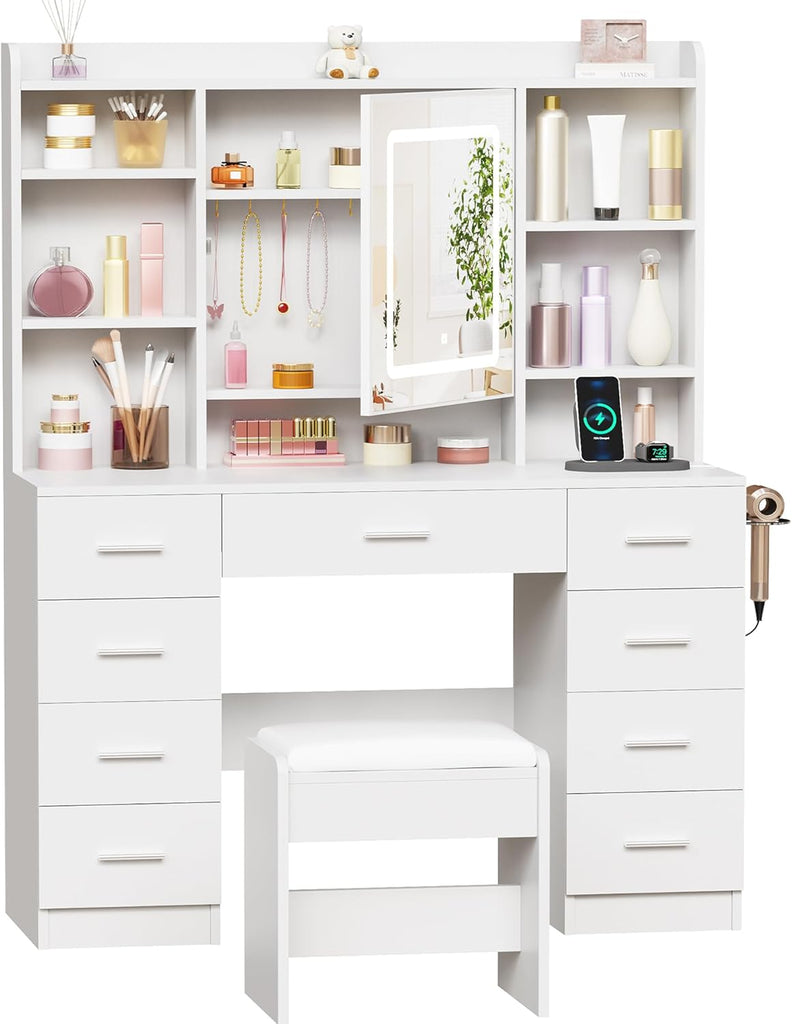 Vanity Desk with Jewelry Storage,Power Outlet and Cushioned Stool | Makeup Vanity Table with Smart LED Mirror,3