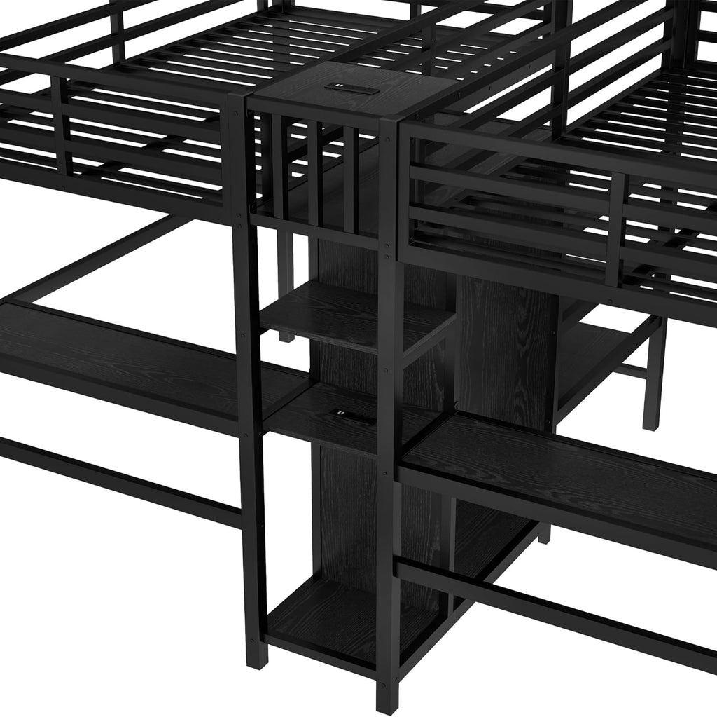 Twin Over Twin Metal Loft Bed with Desk and Wardrobe for 2 Kids,Twin Heavy Duty Double Loft Bed Frame with Charging