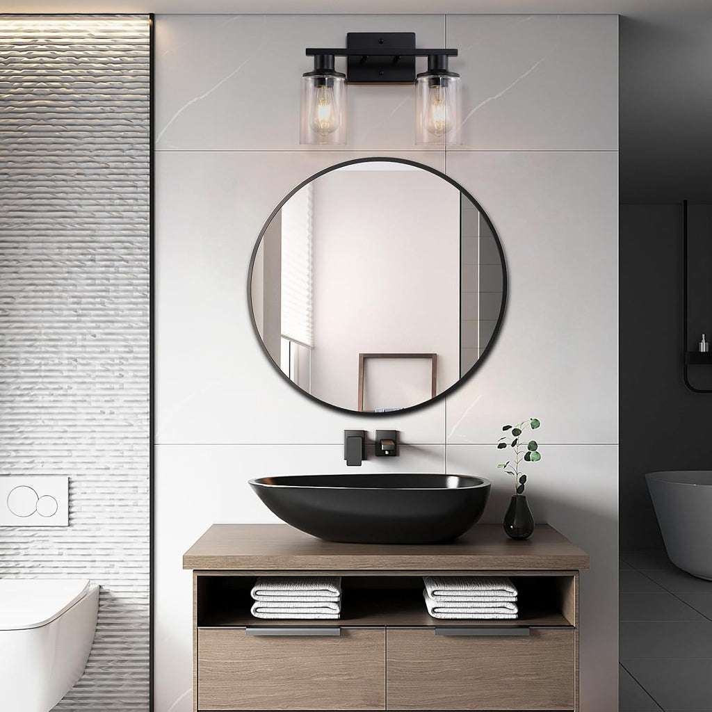 2-Light Matte Black Bathroom Vanity Light,Bathroom Light Fixtures Over Mirror with Clear Glass Shade,Modern Farmhouse