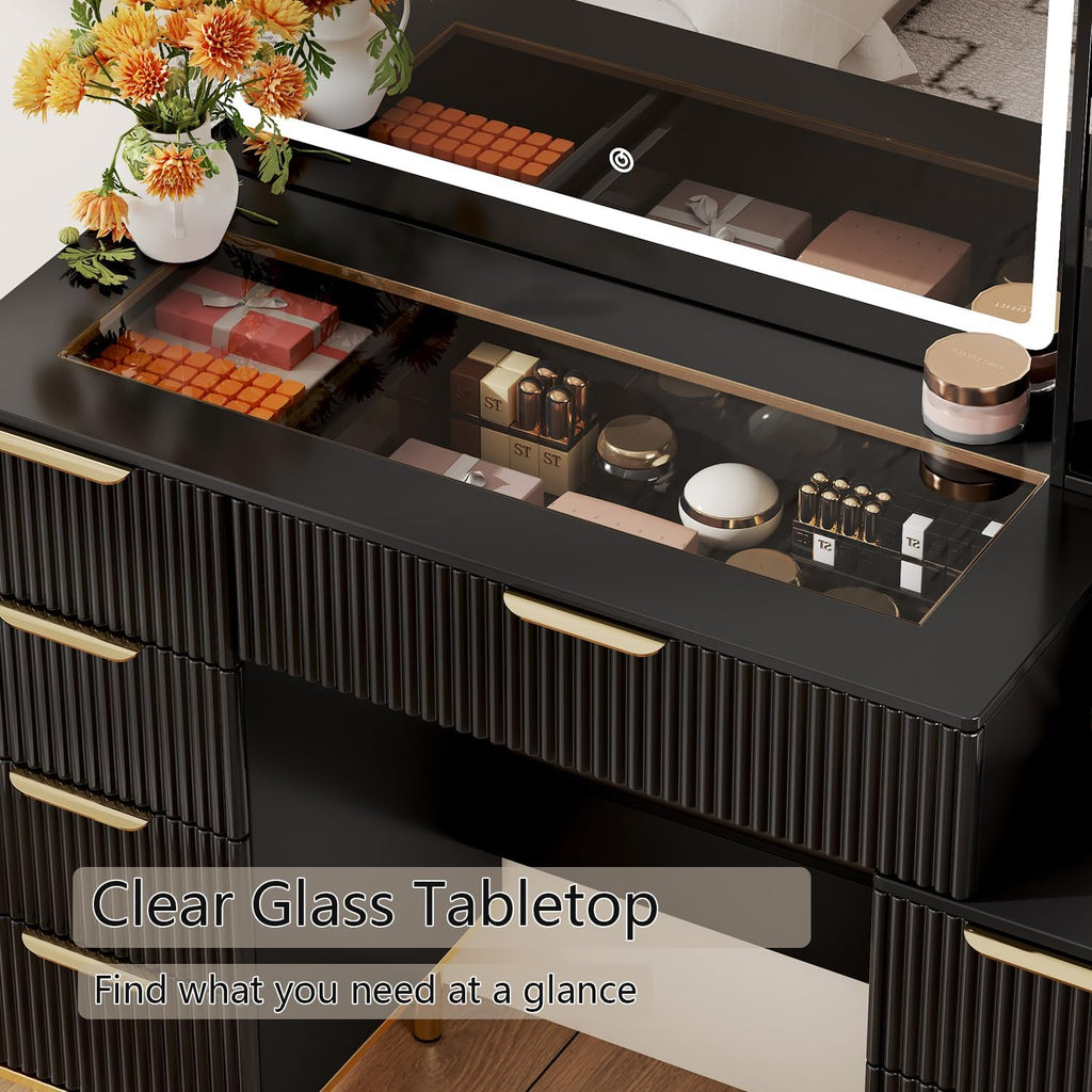 Modern Vanity Desk with 31.5" Mirror and Lights,Makeup Vanity Table with 8 Drawers,Makeup Desk with Power