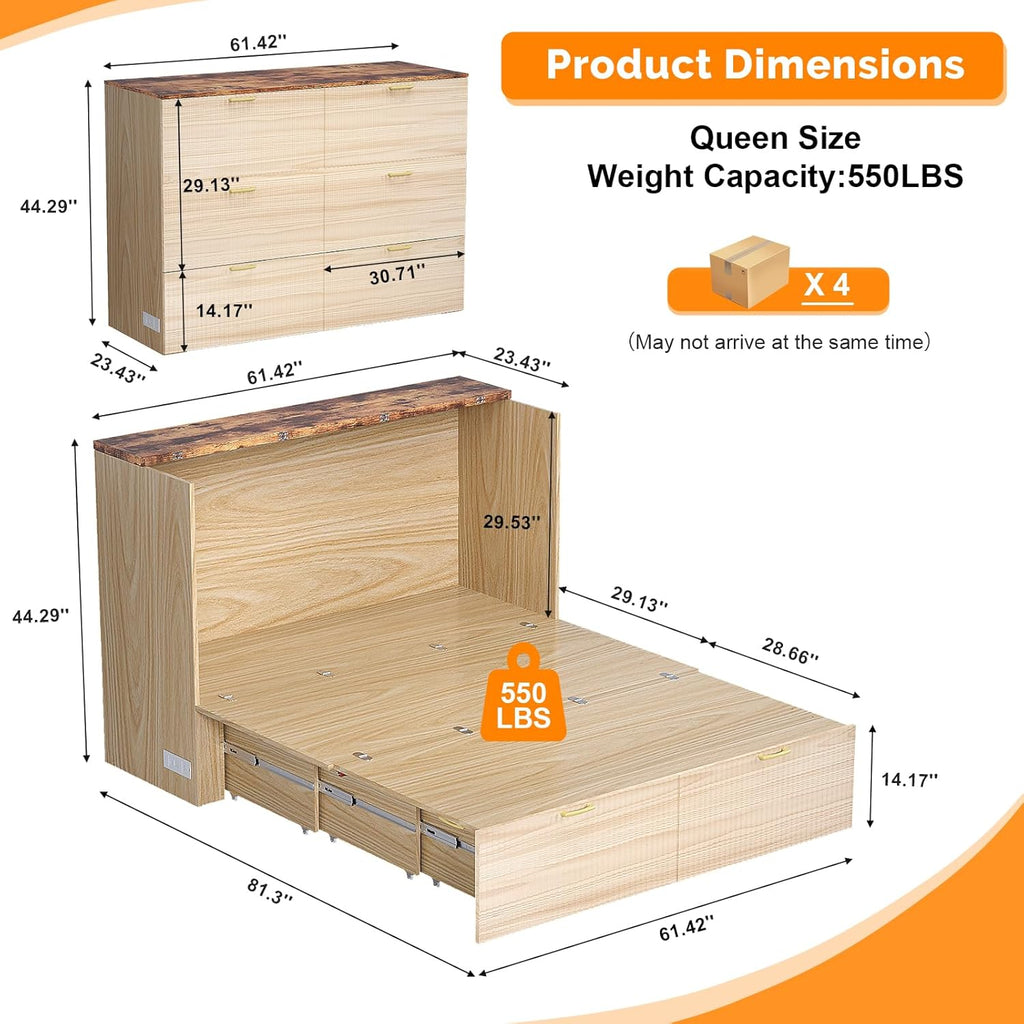 Queen Murphy Bed with Storage Drawer,2 Charging Station,Fluted Wooden Foldable Bed Cabinet,Boho,Hideaway Paltform