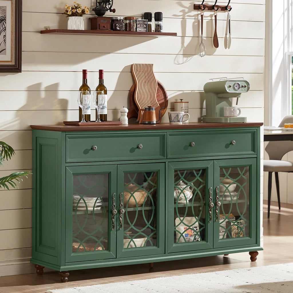Farmhouse Sideboard Buffet Cabinet with Storage,Adjustable Shelves Console Table,59" Large Credenza with 4 Glass Doors
