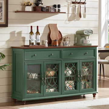 Farmhouse Sideboard Buffet Cabinet with Storage,Adjustable Shelves Console Table,59" Large Credenza with 4 Glass Doors