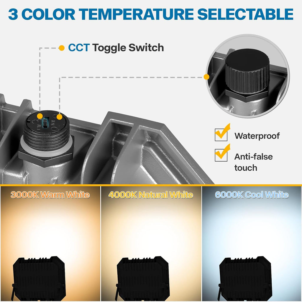 2 Pack 100W LED Flood Lights Outdoor, 3CCT Outside Work Light | 3000/4000/6000K Selectable, 100W 10000LM with 5.9FT