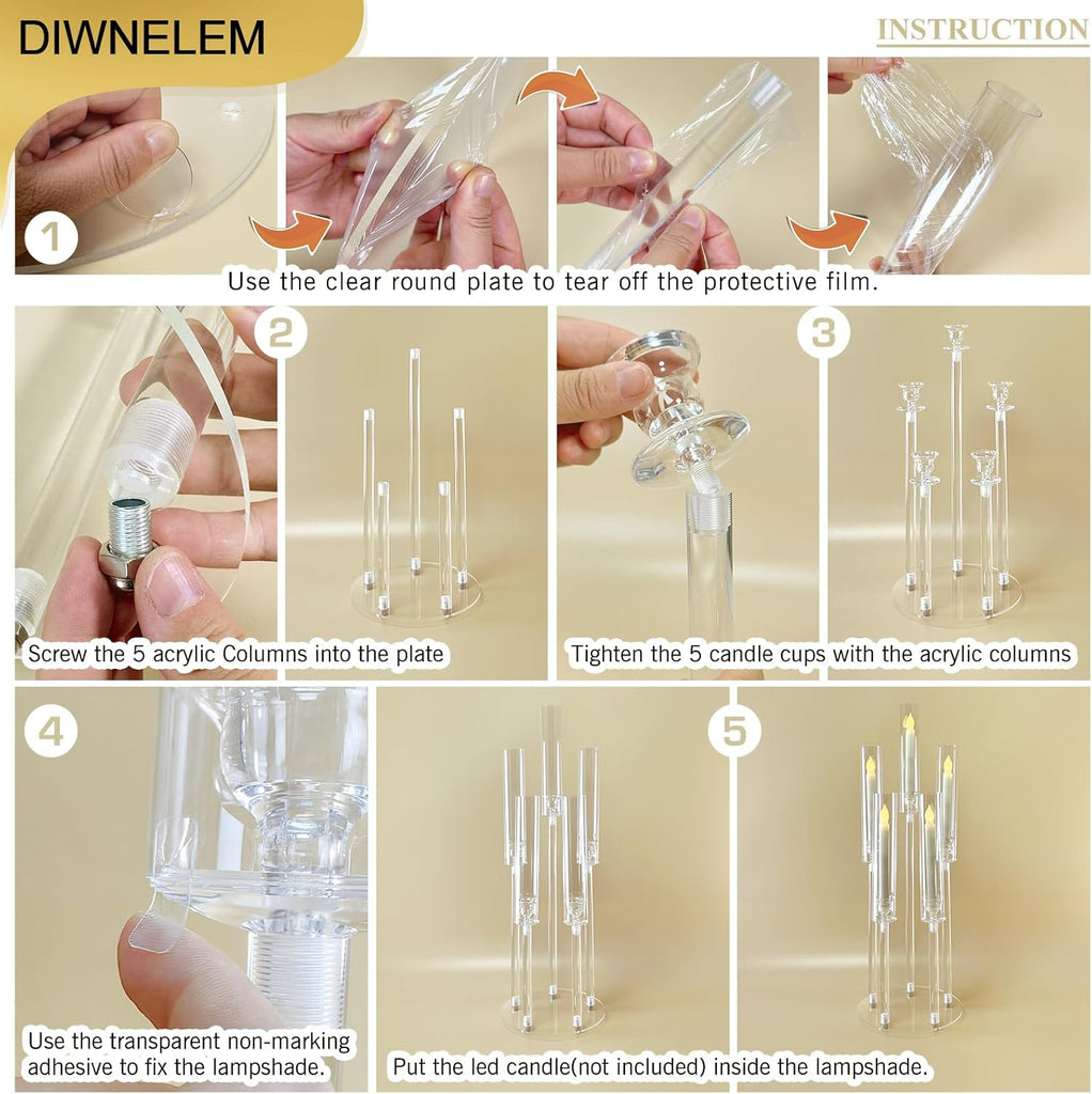 2Pcs Acrylic Candelabra Centerpieces 25.5" Tall Crystal Taper Candlestick with Shade Fit 0.87'' Led Candle