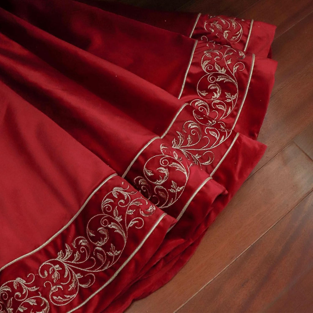 Christmas Tree Skirt 48 inch, Red Luxury Velvet Plush Faux Fur Extra Large Skirts with Golden Embroidered Vintage