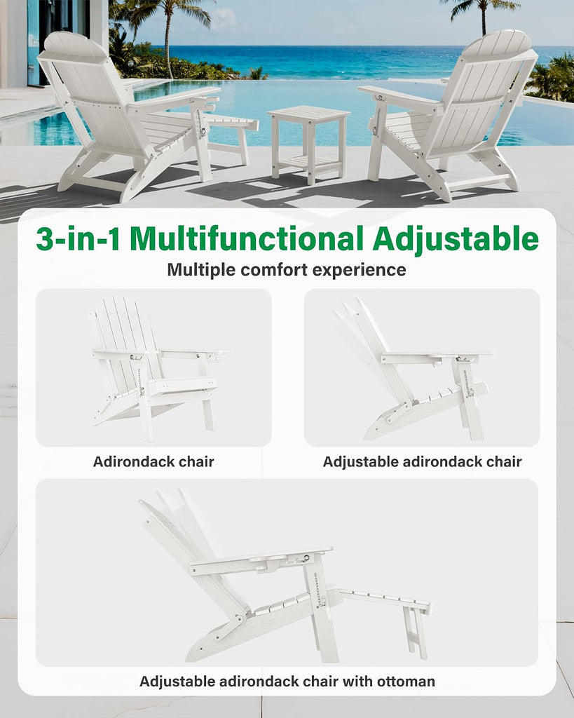 Adirondack Chairs with Footrest, HDPE Adirondack Chair, White | Folding Adirondack Chair, Adjustable Backrest