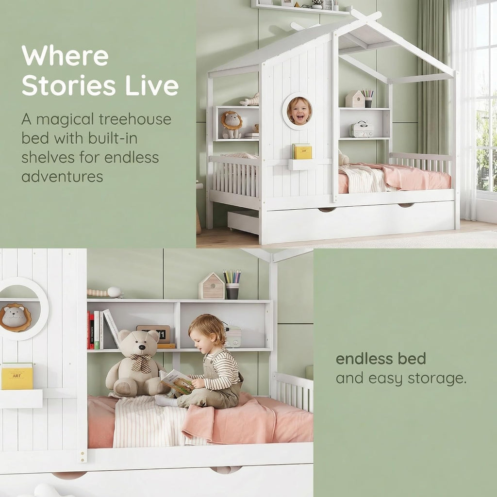 Full Size Bed Frames with Trundle, House Bed for Kids with Storage Shelves, White, 78" L X 58" W X 72" H