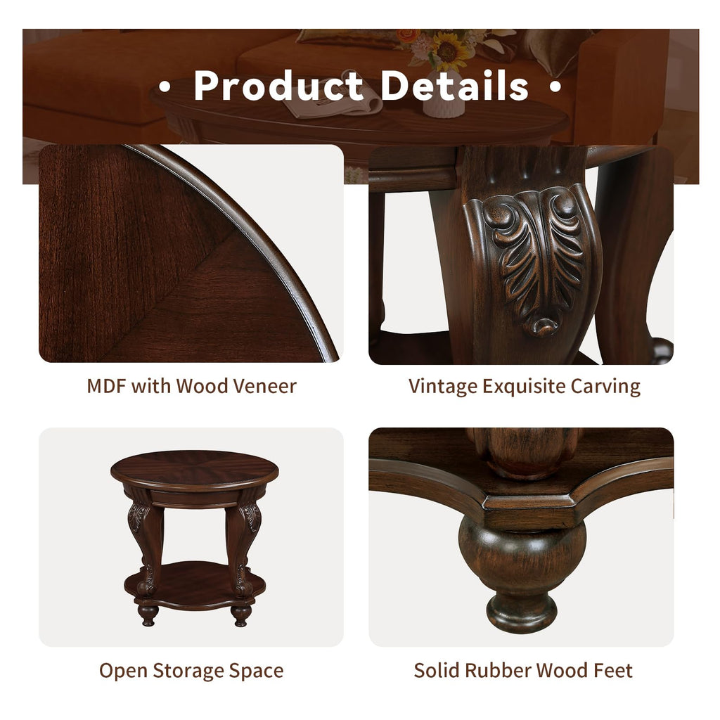 2 Tier Round End Table, 22" Vintage Wood Side Table, Cherry