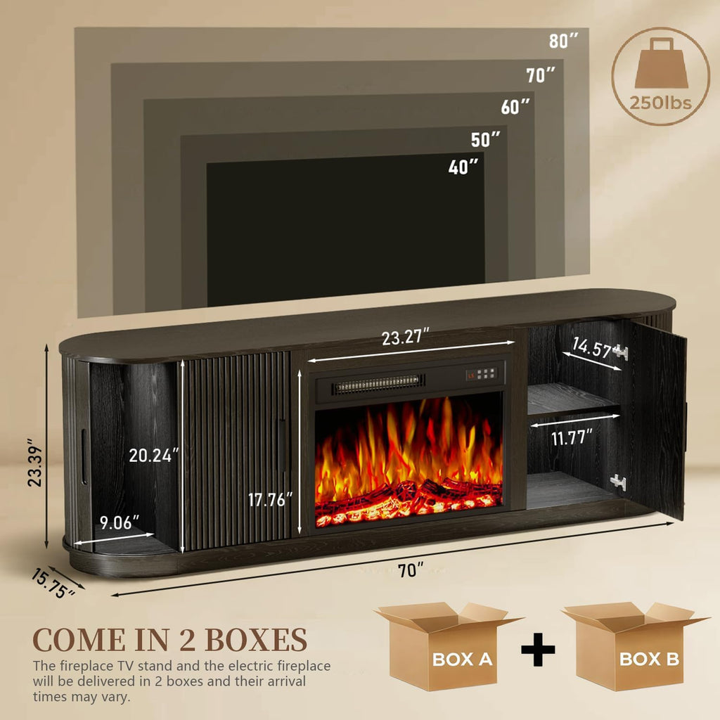 70" Fluted Fireplace TV Stand for TVs Up to 80 inches, Modern Wood TV Stand with 23" Electric Fireplace with Sliding