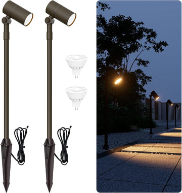 Low Voltage Landscape Path Light Spotlight 12V 5W MR16 2-Pack | Cast Aluminum Landscape Lighting, Replaceable MR16