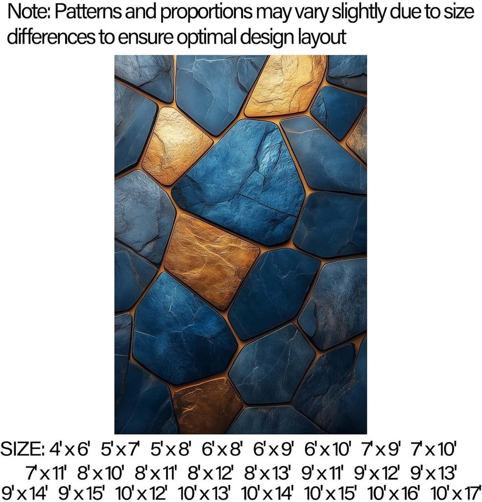 4x6 Marble Tiles Rug, Stone Tile Area Rug, Blue and Gold Geometry Marble Rugs, Washable Luxury Modern Contemporary Carpet