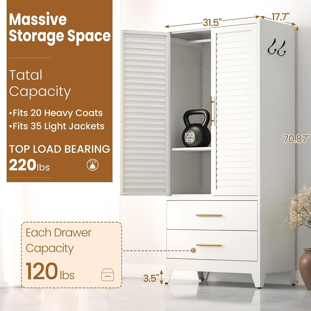 Metal Armoire Wardrobe Closet, 71" Clothing Storage Cabinets with Adjustable Hanging Rod and Shelves , Louvered