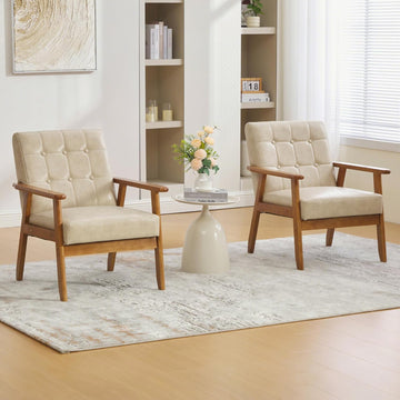 PU Leather Accent Chair, Mid-Century Modern Living Room Chairs with Solid Wood Armrests, Comfortable - Set of 2