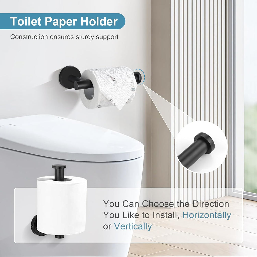 Matte Black Bathroom Hardware Set 5 Pieces, SUS304 Stainless Steel Towel Bar Set Round Bathroom Towel Rack Set Wall