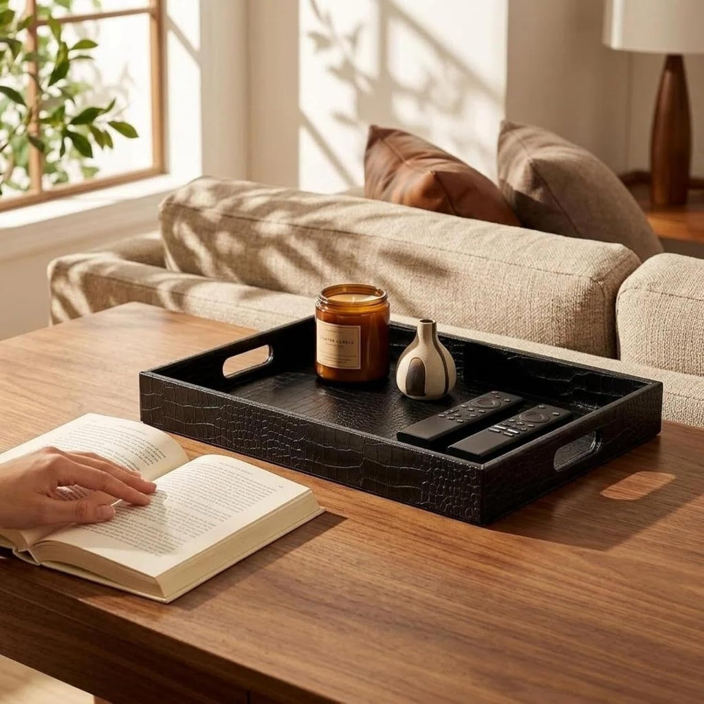 Black Serving Tray with Handles, Decorative Ottoman Tray in Alligator Faux Leather, 17x12 Inch Rectangular for Coffee