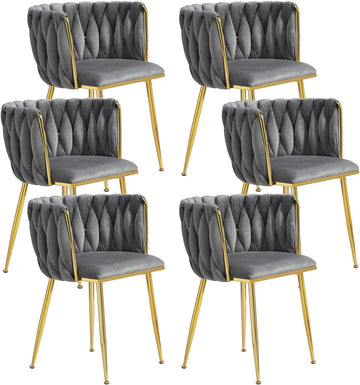 Velvet Dining Chairs Set of 6 with Golden Metal Legs and Woven Backrest - Grey