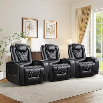 Power Recliner Chair Set of 3, Electric Soft Leather Reclining Home Theater Seating - USB Ports, Cup Holders, Hidden Arm Storage Movie & Media Room Chairs (Black)