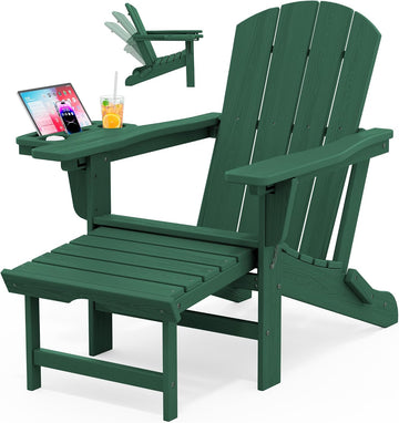 Adirondack Chair with Footrest & 4-in-1 Cup Holder, Green | HDPE Adjustable Folding Adirondack Chair with Pull-Out