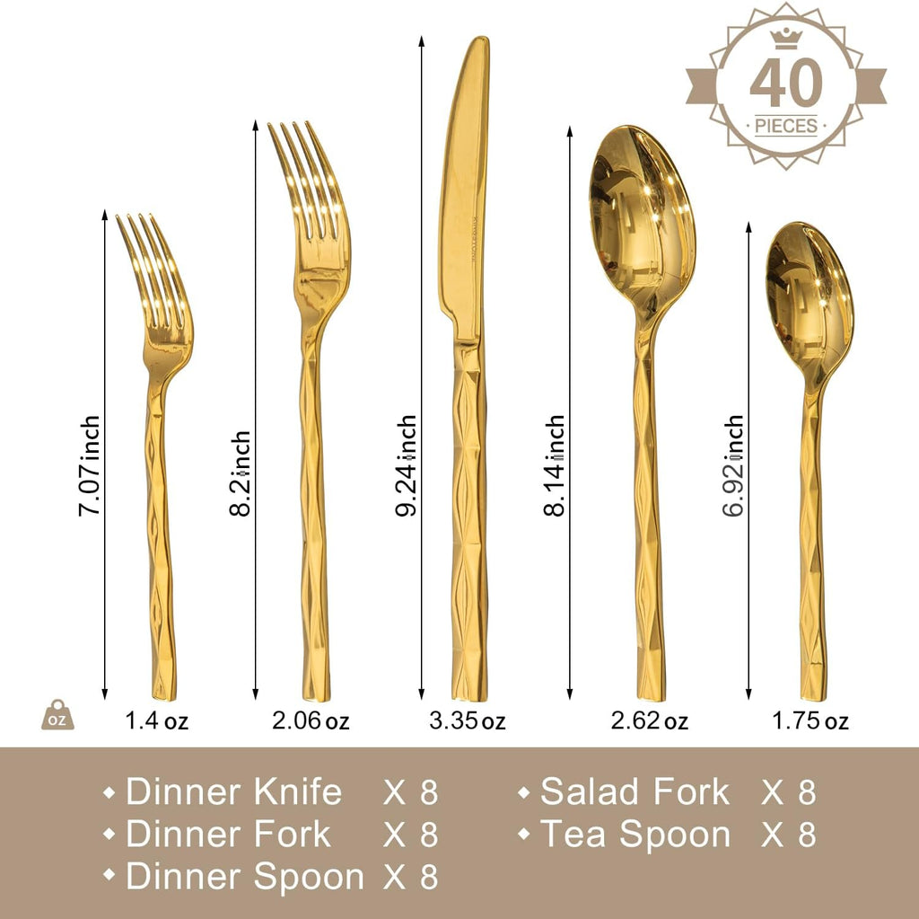 Gold Silverware Set, Luxury 40-Piece Flatware Set for 8, 18/10 Stainless Steel Cutlery Set with Diamond Cut Pattern