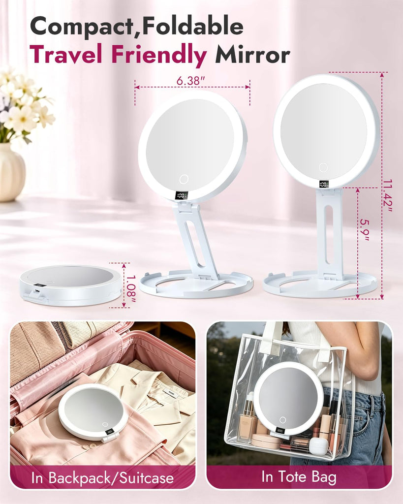 Lighted Travel Makeup Mirror with 20X Magnification & Smart Power Display, Rechargeable 2000mAh Double