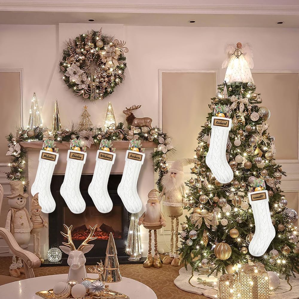 Christmas Stockings, 18inch Large White Cable Knitted Stocking Personalized Xmas Hanging Stocking with Leather - Set of 6