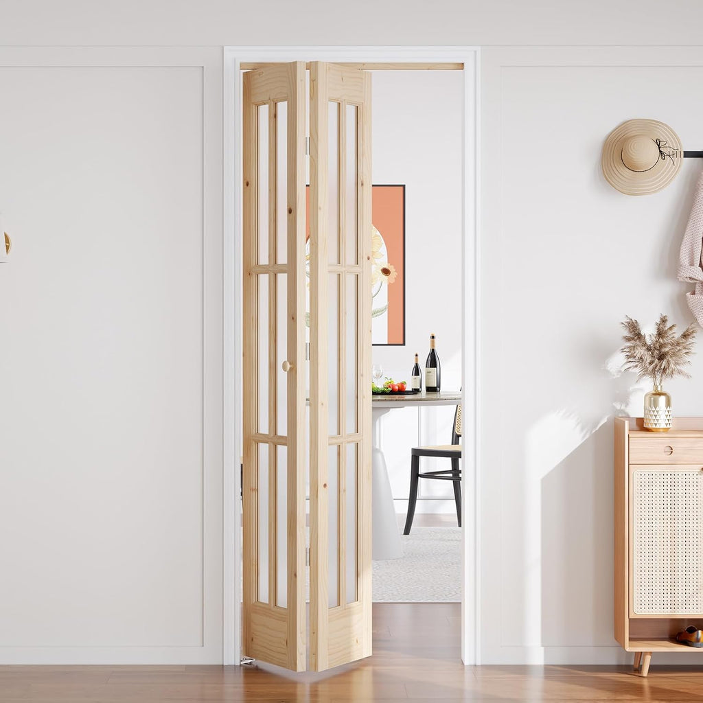 30"x 80" (Double 15" x 80") Bifold Barn Door, Tempered Frosted Glass Bifold Closet Door with 2.5FT C