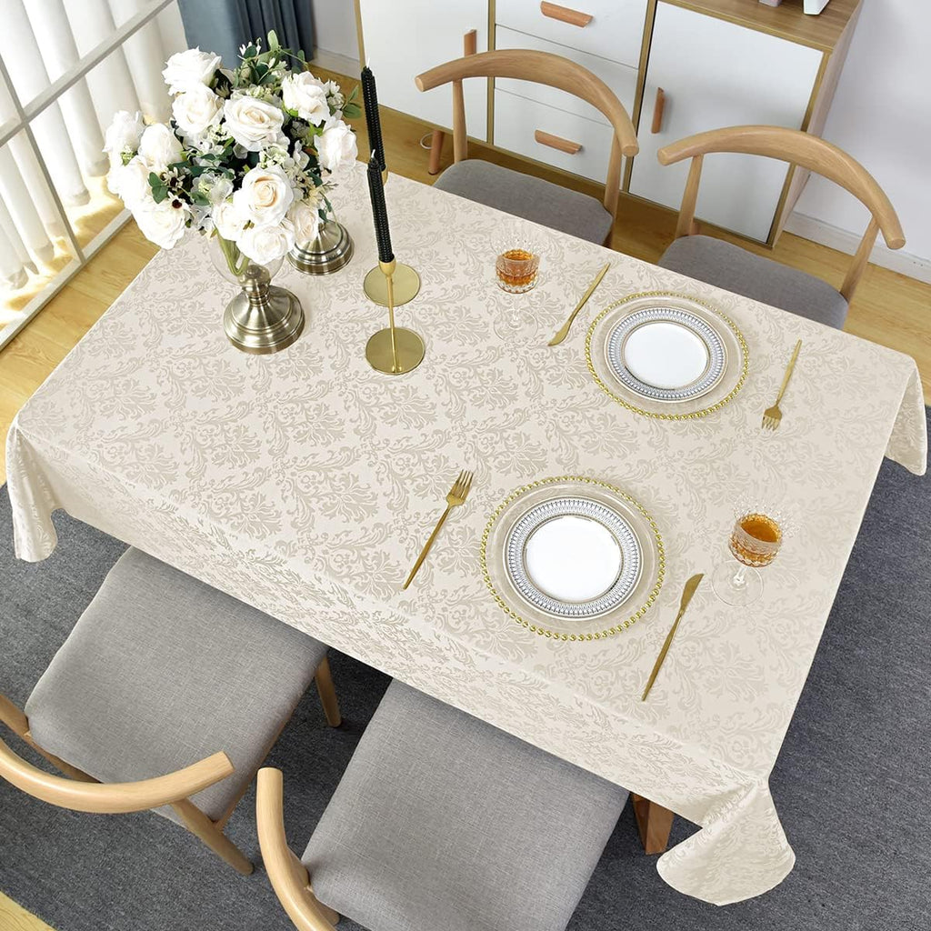 Jacquard Tablecloth Rectangle 60 x 102 Inch Beige, Spill Proof Washable Damask Table Cloth, Soft Pol