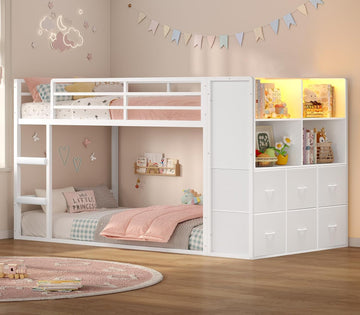 Bunk Bed Twin Over Twin with 6 Large Fabric Drawers & 4 Wooden Storage Bookshelf Organizer