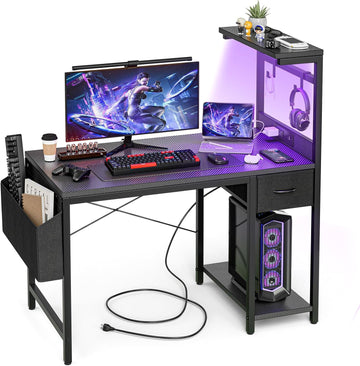 Gaming Desk 55 Inch with Power Outlet and LED Light, Computer Desk with Reversible Shelves and Storage Drawer, Pc