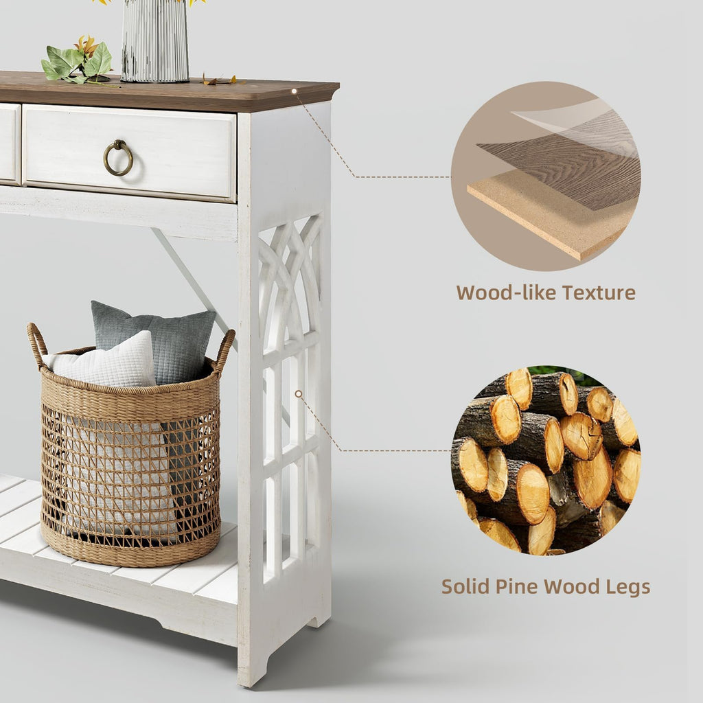 White Console Table with Drawers 43", Farmhouse