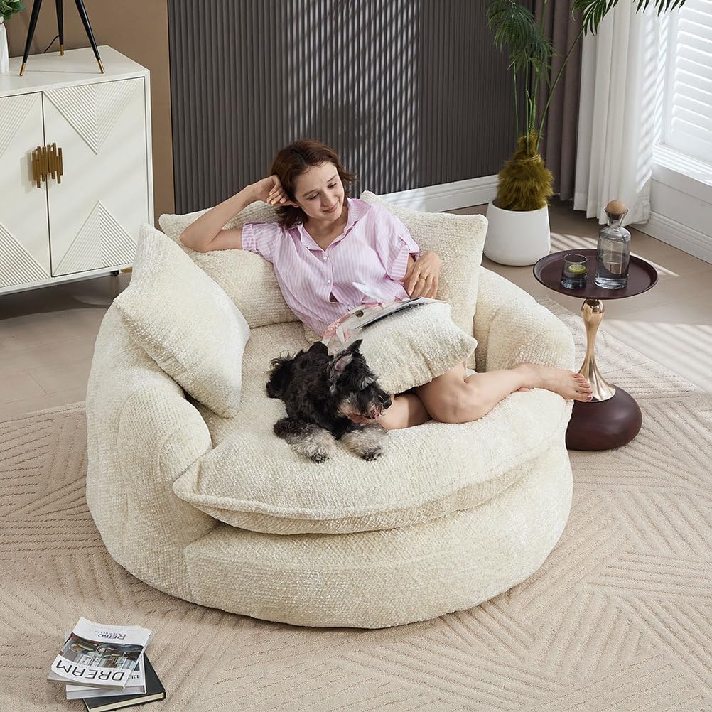 Oversized Round Lounge Chair Indoor, 56" Deep Seat Circle Sofa with Double Armrests & Pillows, Fluffy Cloud Chenille