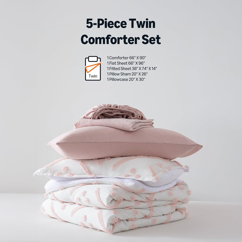 Kids' Pink Bedding Set, 5-Piece Jacquard Microfiber Bed-in-a-Bag with Comforter, Fitted Sheet, Flat Sheet, Pillowcase