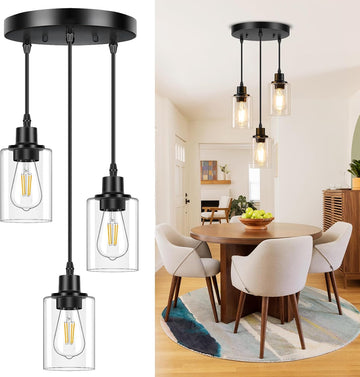 3-Light Pendant Light Fixtures, Black Pendant Lights Kitchen Island, Adjustable Pendant Lighting with Clear Glass