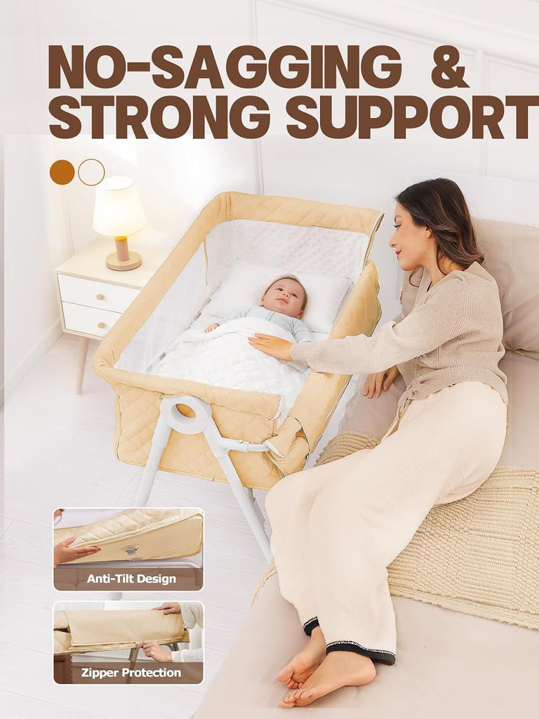 Bassinet Bedside Sleeper, Baby Bassinet with Crib Sheet and Wheels | 4 Adjustable Height Bedside Crib with Comfy