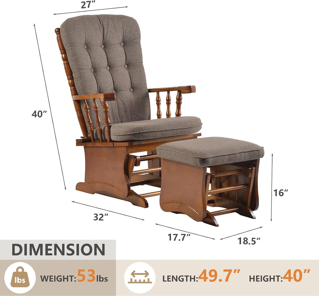 Anti-Pinch Glider Chair with Ottoman, Antique Espresso | Solid wood glider rocker with high back cushion, anti-pinch